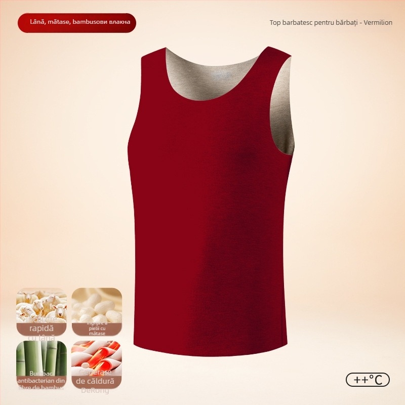 Vesta termică pentru bărbați, căptușeală de fleece, dublu strat, material lână-mătase, glugă, guler rotund