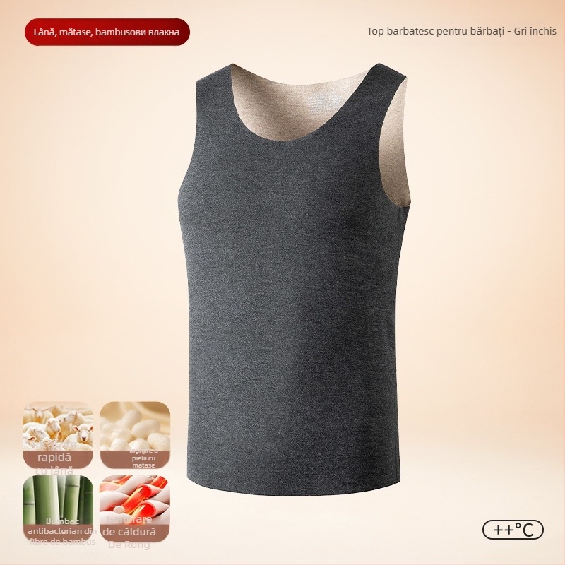 Vesta termică pentru bărbați, căptușeală de fleece, dublu strat, material lână-mătase, glugă, guler rotund