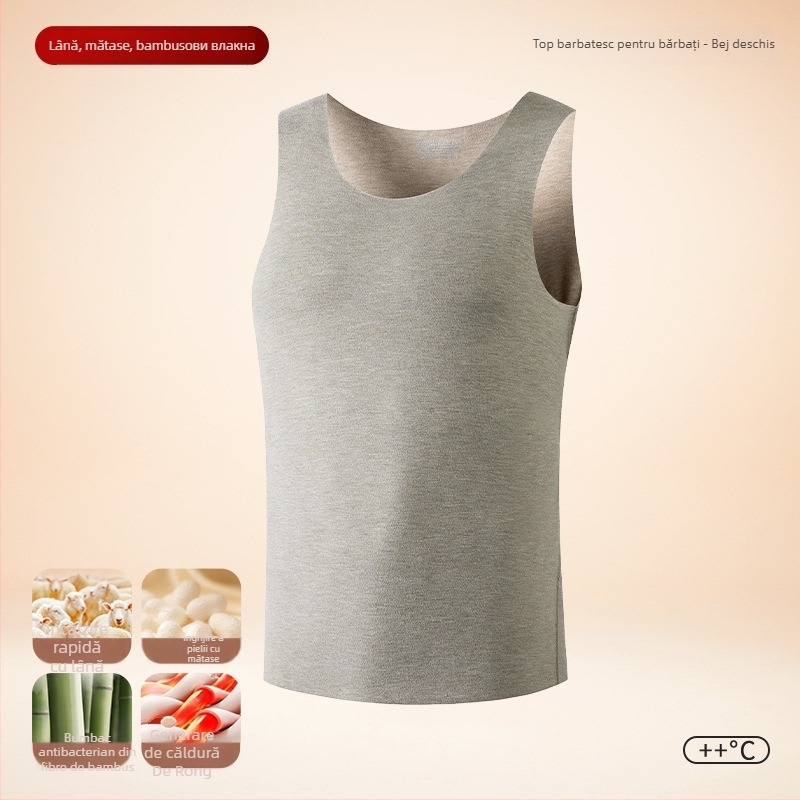 Vesta termică pentru bărbați, căptușeală de fleece, dublu strat, material lână-mătase, glugă, guler rotund