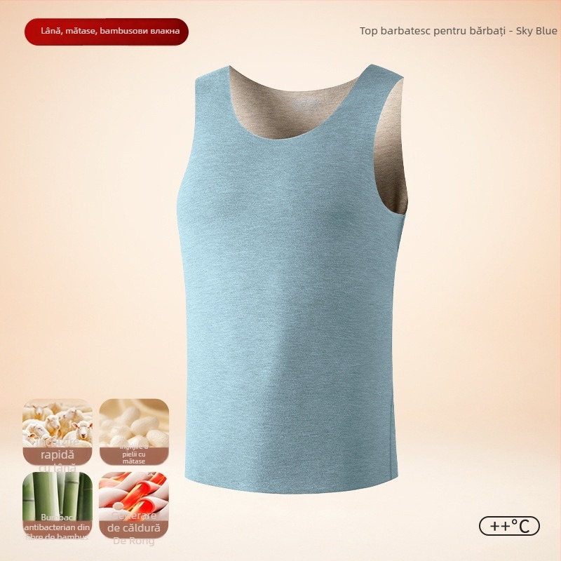 Vesta termică pentru bărbați, căptușeală de fleece, dublu strat, material lână-mătase, glugă, guler rotund