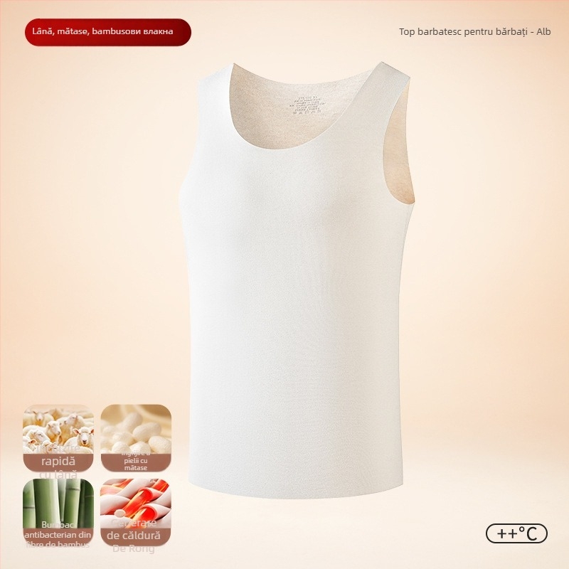 Vesta termică pentru bărbați, căptușeală de fleece, dublu strat, material lână-mătase, glugă, guler rotund