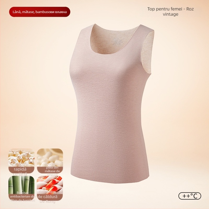 Vesta termică pentru bărbați, căptușeală de fleece, dublu strat, material lână-mătase, glugă, guler rotund