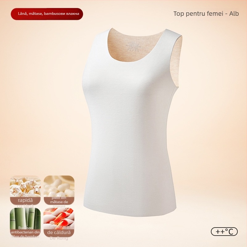 Vesta termică pentru bărbați, căptușeală de fleece, dublu strat, material lână-mătase, glugă, guler rotund