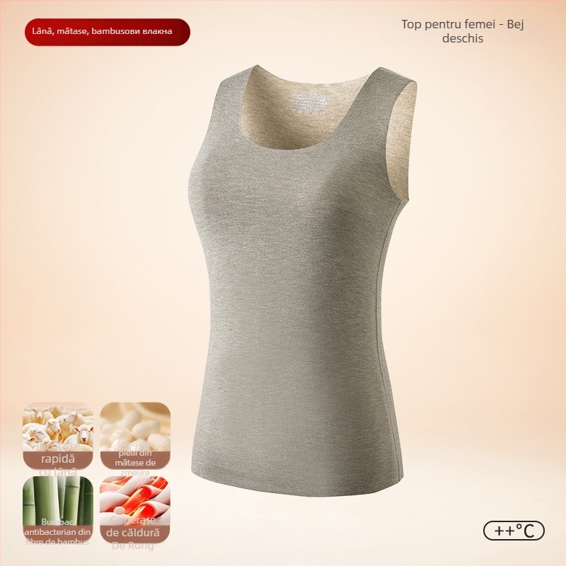 Vesta termică pentru bărbați, căptușeală de fleece, dublu strat, material lână-mătase, glugă, guler rotund