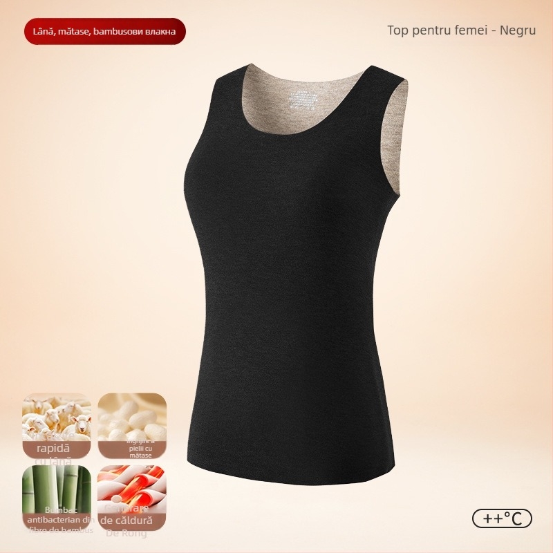 Vesta termică pentru bărbați, căptușeală de fleece, dublu strat, material lână-mătase, glugă, guler rotund