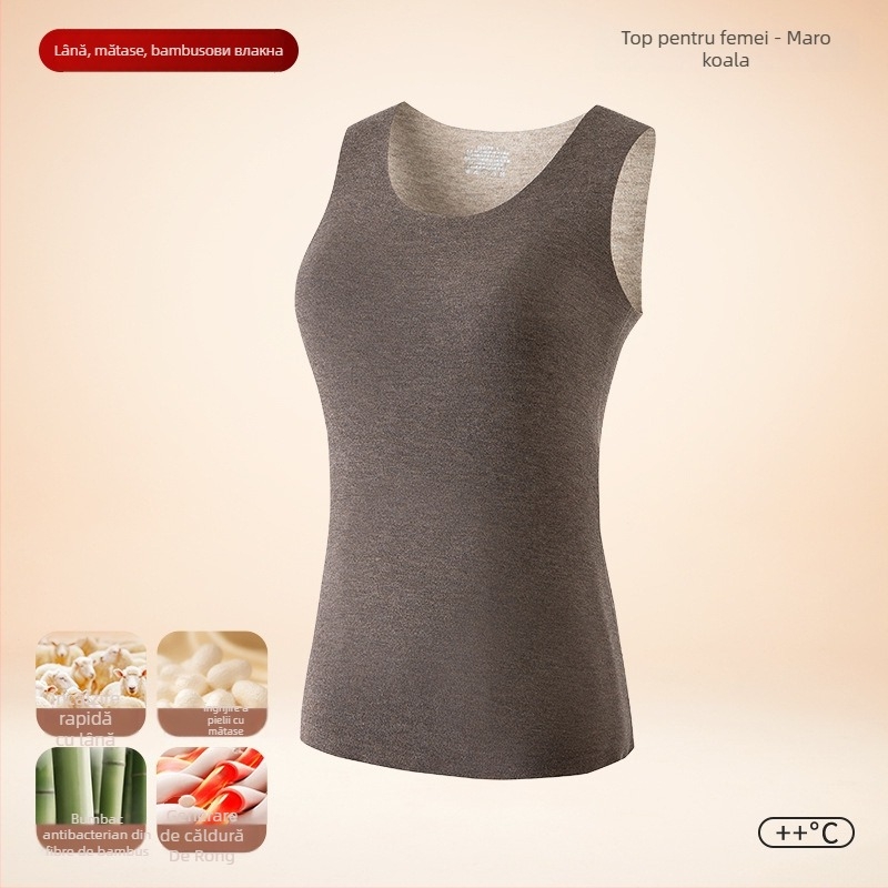 Vesta termică pentru bărbați, căptușeală de fleece, dublu strat, material lână-mătase, glugă, guler rotund