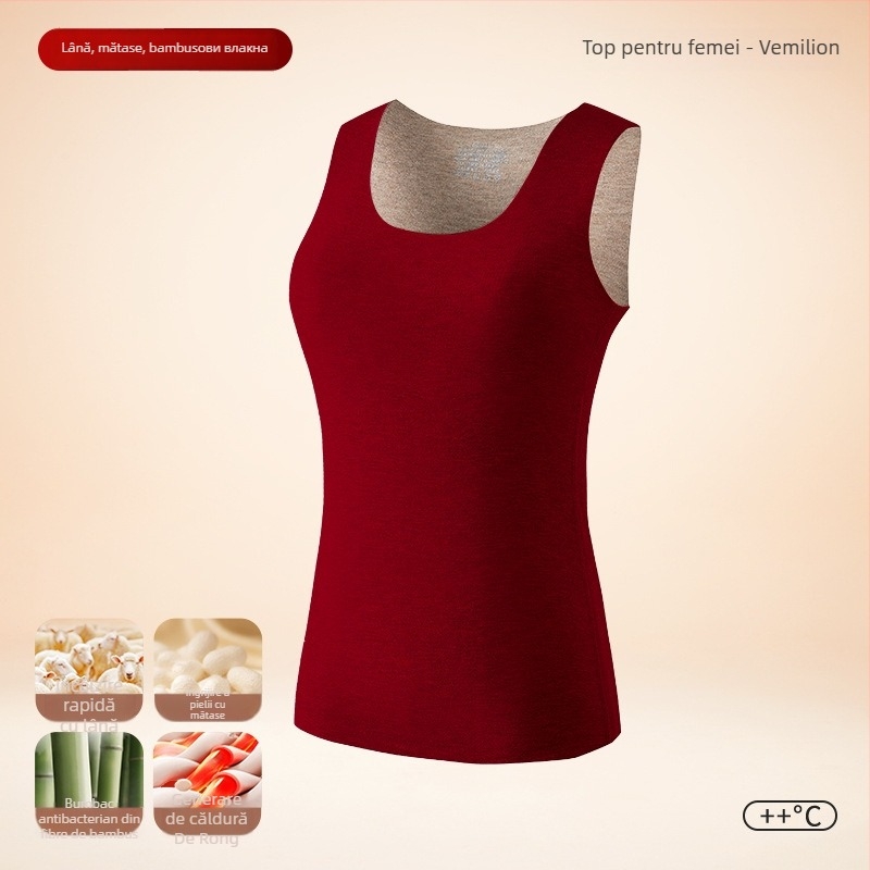 Vesta termică pentru bărbați, căptușeală de fleece, dublu strat, material lână-mătase, glugă, guler rotund