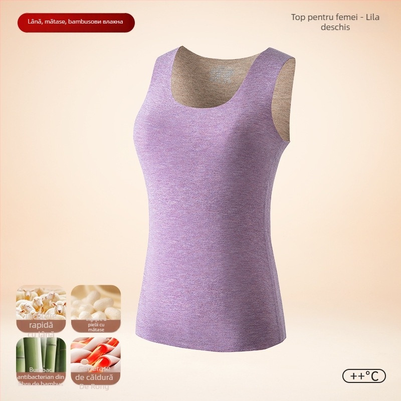 Vesta termică pentru bărbați, căptușeală de fleece, dublu strat, material lână-mătase, glugă, guler rotund