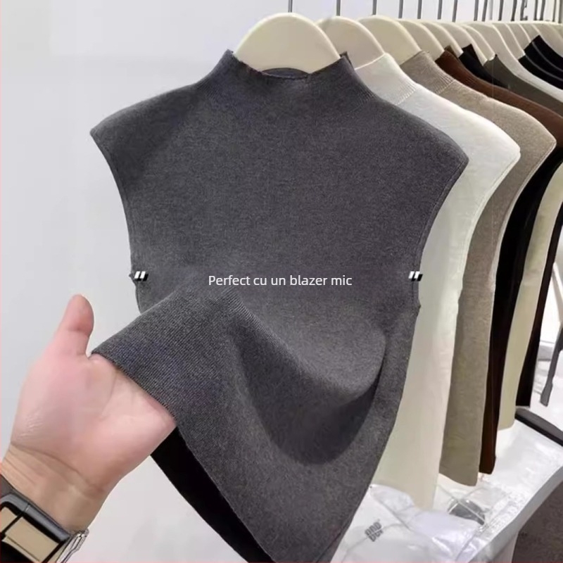 RUANDAI Vestă tricotată fără mâneci pentru femei, cu guler semi‑înalt, croială Slim, chenille țesătură, amestec poliester-elastan