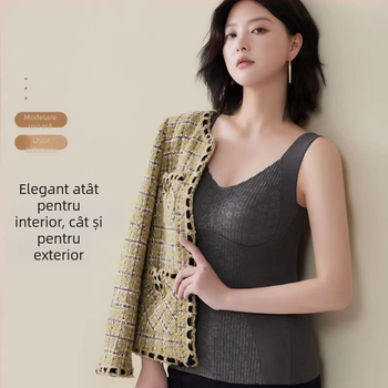 Vestă termică pentru femei cu căptușeală fleece, control abdominal și căldură, material Derong, decolteu în V, pulover