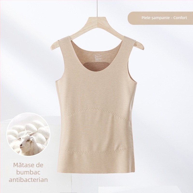 Vesta termică din amestec de cașmir și mătase, fără cusături, guler rotund, țesătură extra groasă 301–350 g/m², potrivită pentru a fi purtată ca îmbrăcăminte exterioară