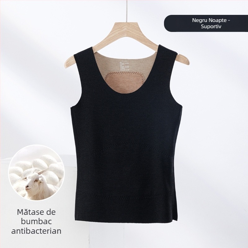 Vesta termică din amestec de cașmir și mătase, fără cusături, guler rotund, țesătură extra groasă 301–350 g/m², potrivită pentru a fi purtată ca îmbrăcăminte exterioară