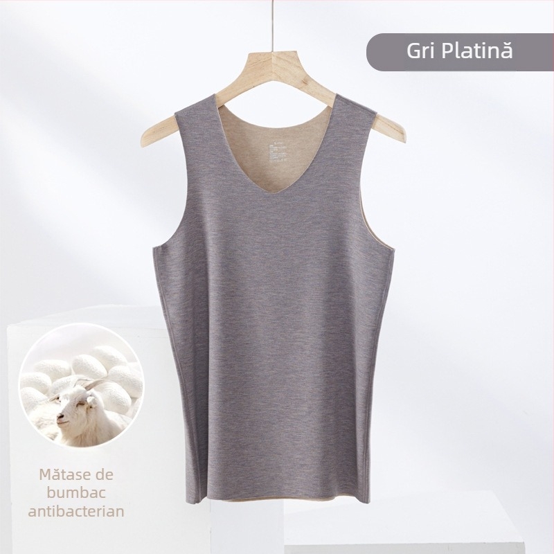 Vesta termică din amestec de cașmir și mătase, fără cusături, guler rotund, țesătură extra groasă 301–350 g/m², potrivită pentru a fi purtată ca îmbrăcăminte exterioară