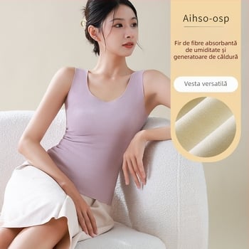 Vesta caldă din nylon pentru femei, căptușită cu fleece, fără cusături, guler rotund, grosime 201–250 g/m²