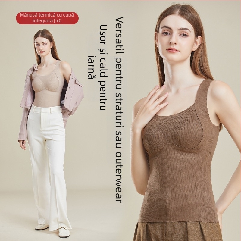 Vestă termică pentru femei, țesătură poliester, căptușită cu fleece, cu cupă integrată și pernă pentru sân, pernă fixesă, toamnă-iarnă