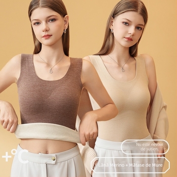 Vesta termică din lână pentru femei, cu pernă pentru bust încorporată, fără cusături, căptușită cu fleece catifelat, guler rotund