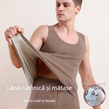 Vesta termică pentru bărbați, din lână-mătase, grosime 251–300 g/m², guler rotund, cu un singur strat