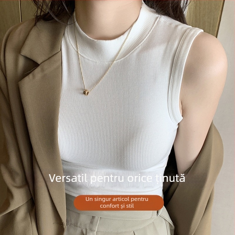 Top pentru femei fără mâneci din tricot ribat, guler rotund - croială Slim, elasticitate mare, viscoză 90–95%