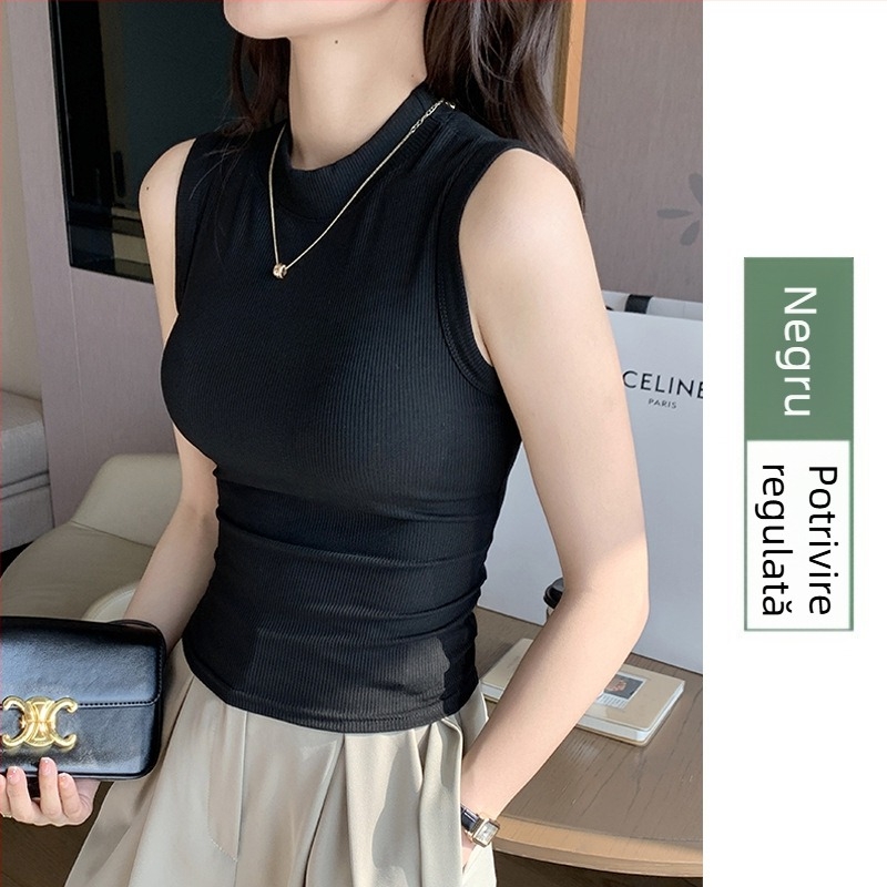 Top pentru femei fără mâneci din tricot ribat, guler rotund - croială Slim, elasticitate mare, viscoză 90–95%