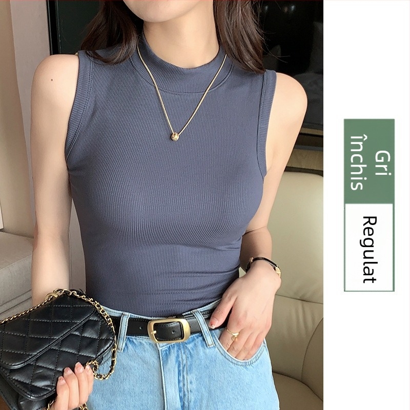 Top pentru femei fără mâneci din tricot ribat, guler rotund - croială Slim, elasticitate mare, viscoză 90–95%