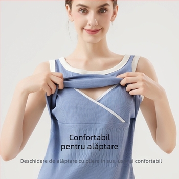 Top de alăptare pentru maternitate – Stil sling, guler rotund, fără mâneci, lungime normală, amestec bumbac-mătase-elastan, acces la alăptare