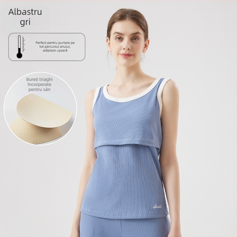 Top de alăptare pentru maternitate – Stil sling, guler rotund, fără mâneci, lungime normală, amestec bumbac-mătase-elastan, acces la alăptare