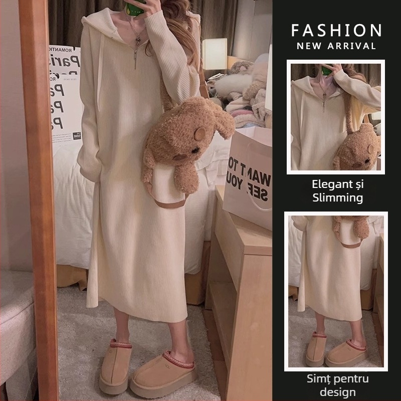 Rochie de maternitate tricotată cu glugă, croială sirenă, mâneci lungi