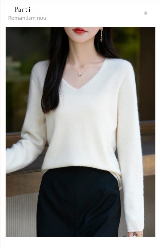 Pulover din lână pentru femei 95%+, guler în V, croială lejeră, mâneci lungi, lungime 50–65 cm