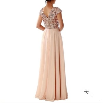 Rochie de seară din chiffon, decolteu în V, paiete, croială A-line, talie înaltă