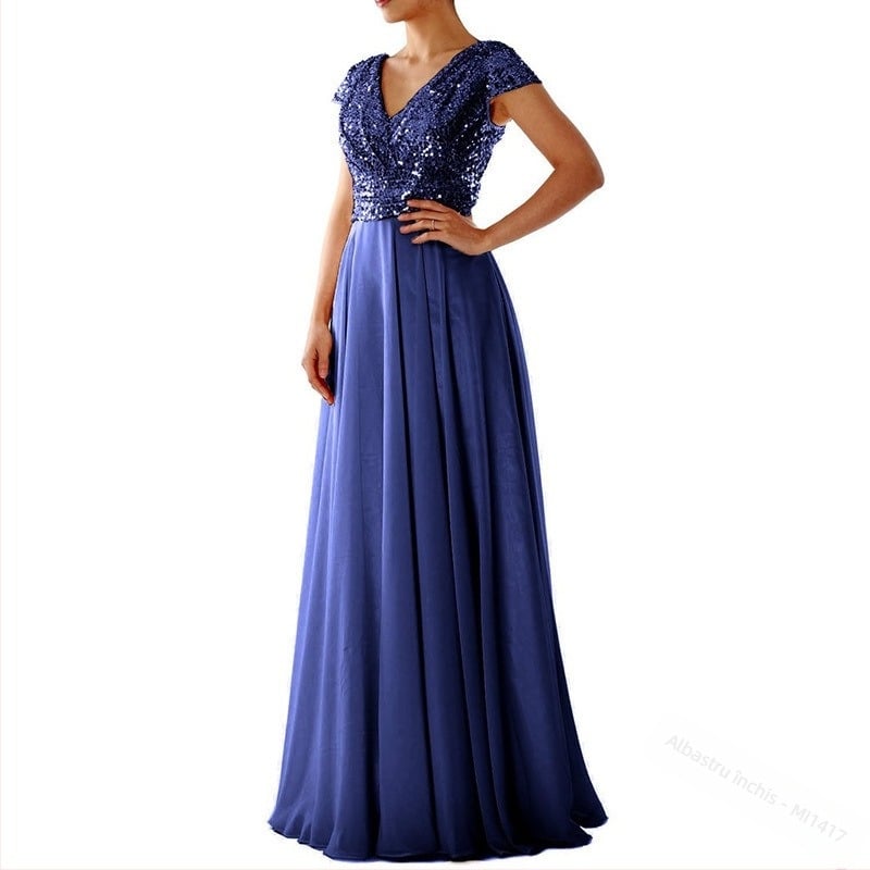 Rochie de seară din chiffon, decolteu în V, paiete, croială A-line, talie înaltă