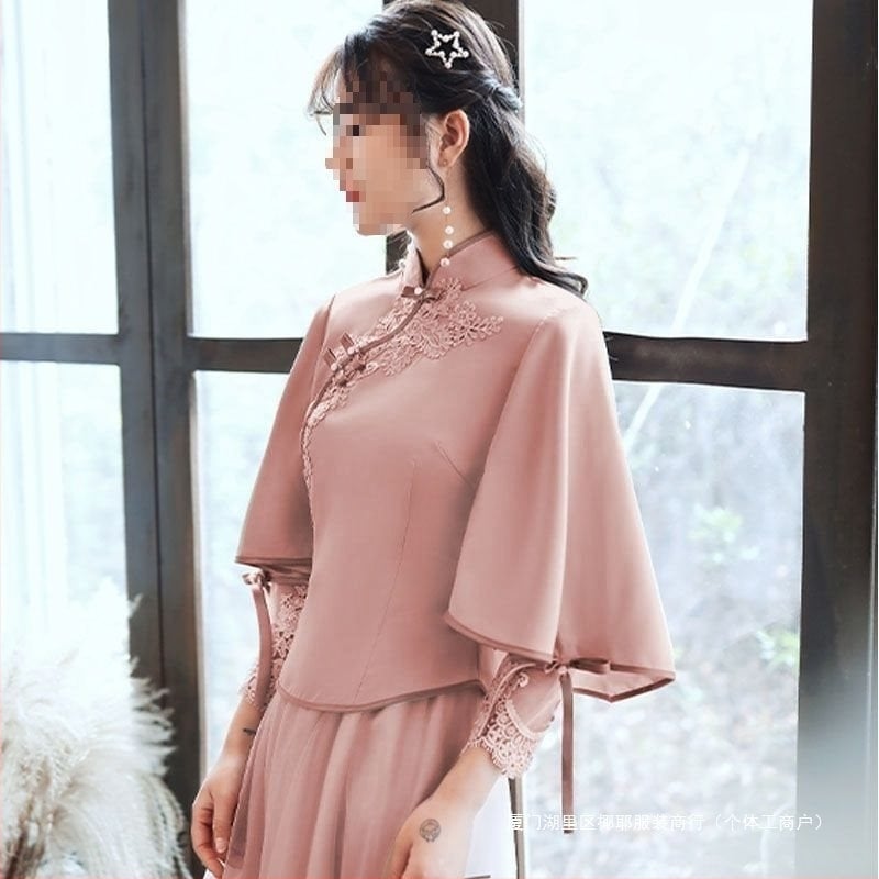 Rochie de domnișoare în stil Xiuhe, A-line, decolteu în formă de U, mâneci 3/4, lungă, satin 395, amestec vinilon-spandex, primăvara 2025