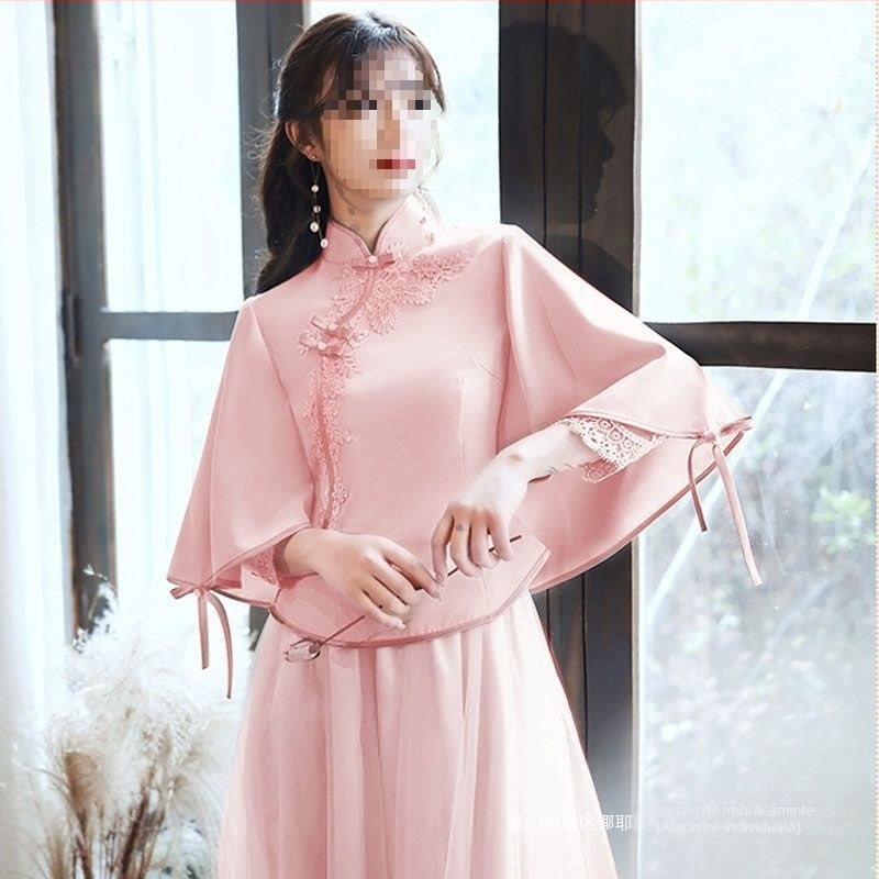 Rochie de domnișoare în stil Xiuhe, A-line, decolteu în formă de U, mâneci 3/4, lungă, satin 395, amestec vinilon-spandex, primăvara 2025