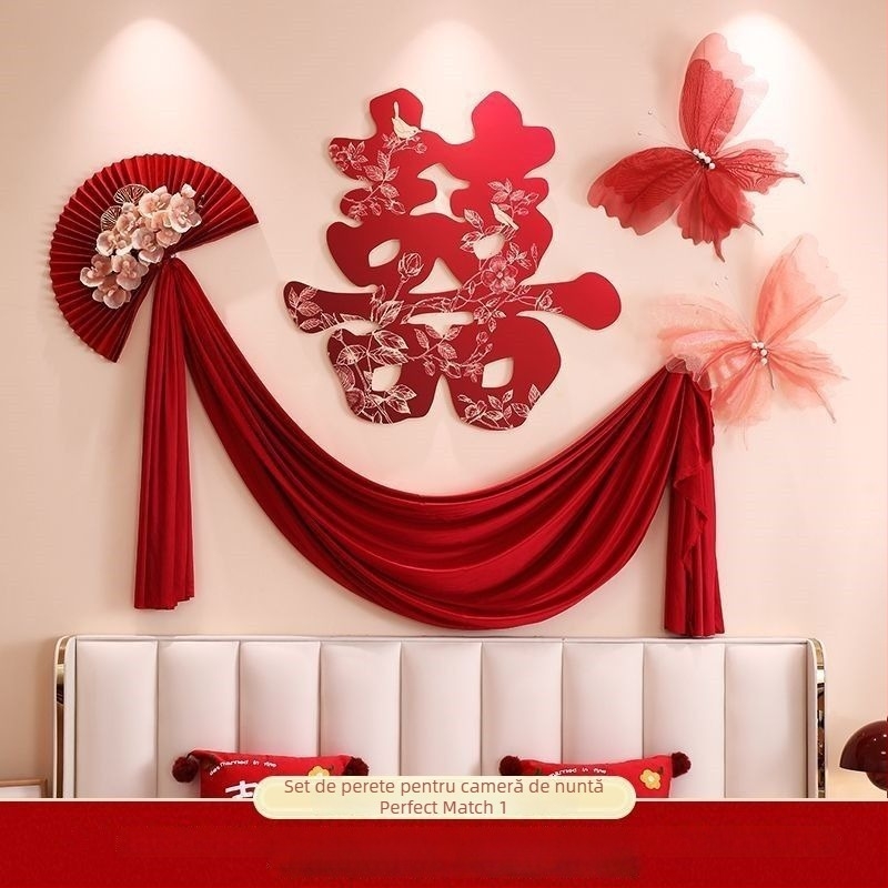 Set de decor pentru camera de nuntă a proaspeților căsătoriți — dormitor, noptiere, sufragerie, ghirlandă, halat; Material: țesătură nețesută • Cod produs: 083 • Brand: Tiantianxifang • Categoria: Fericire