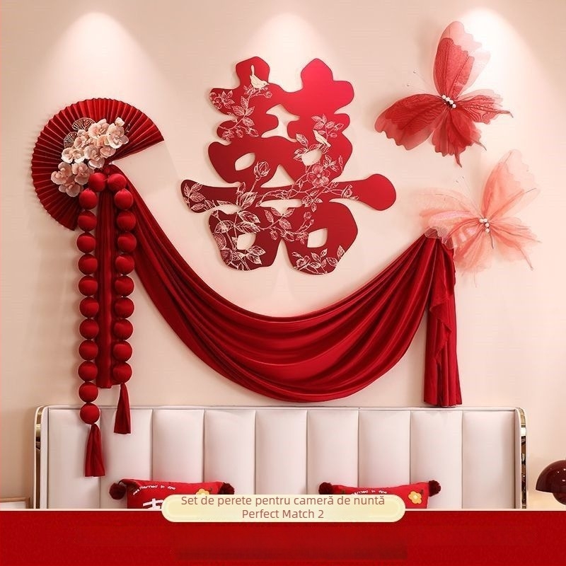 Set de decor pentru camera de nuntă a proaspeților căsătoriți — dormitor, noptiere, sufragerie, ghirlandă, halat; Material: țesătură nețesută • Cod produs: 083 • Brand: Tiantianxifang • Categoria: Fericire