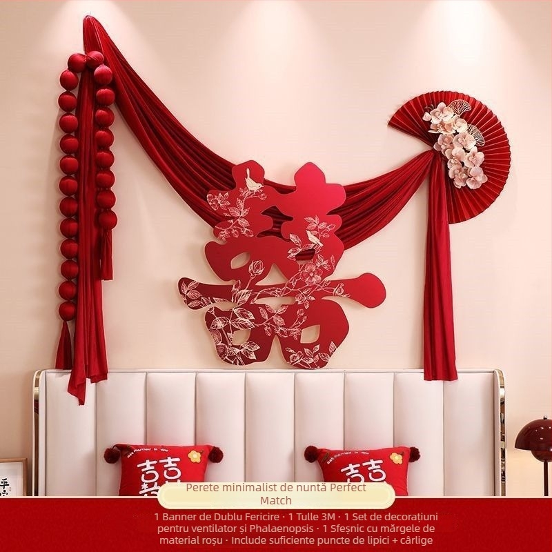 Set de decor pentru camera de nuntă a proaspeților căsătoriți — dormitor, noptiere, sufragerie, ghirlandă, halat; Material: țesătură nețesută • Cod produs: 083 • Brand: Tiantianxifang • Categoria: Fericire