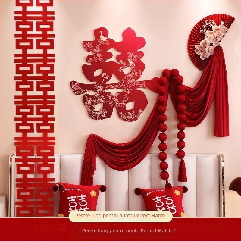 Set de decor pentru camera de nuntă a proaspeților căsătoriți — dormitor, noptiere, sufragerie, ghirlandă, halat; Material: țesătură nețesută • Cod produs: 083 • Brand: Tiantianxifang • Categoria: Fericire