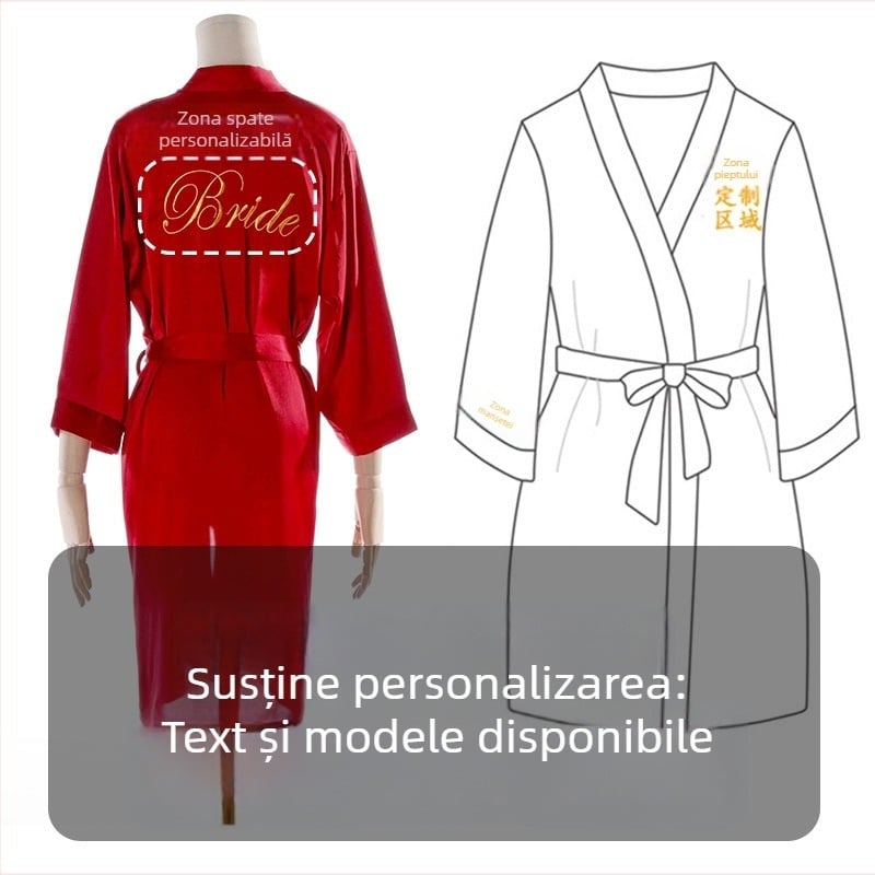 Halat pentru mireasă și domnișoară de onoare, brodat, din mătase sintetică, mâneci lungi, decolteu în linie dreaptă