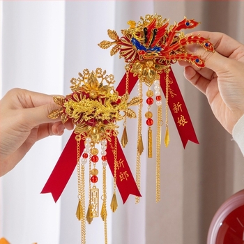 Corsaj de nuntă cu dragon și fenix, stil chinezesc, din material panglică, confecție mecanizată, destinat nunților, set complet pentru familie