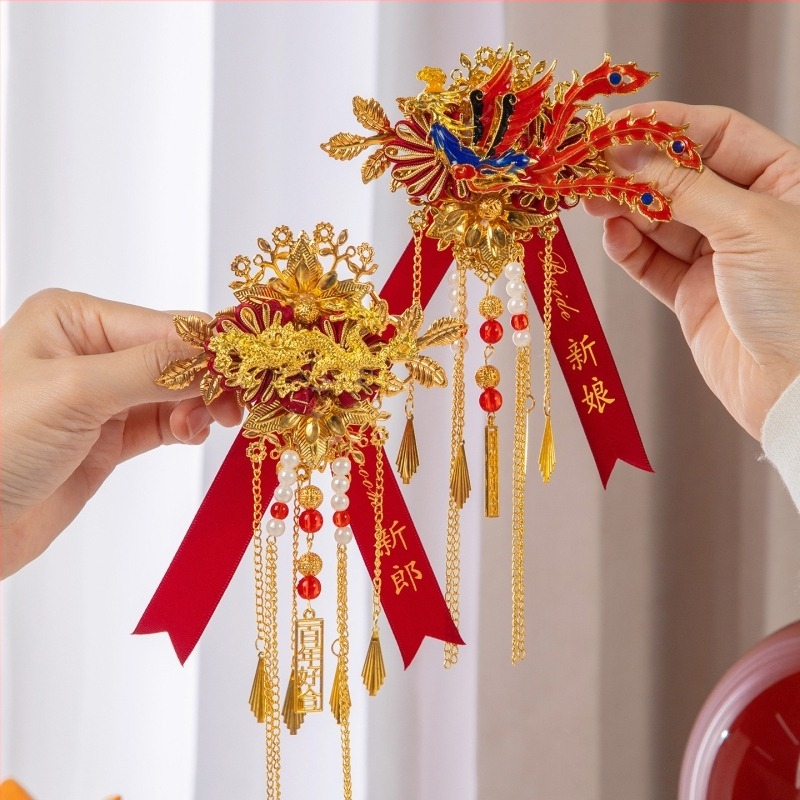 Corsaj de nuntă cu dragon și fenix, stil chinezesc, din material panglică, confecție mecanizată, destinat nunților, set complet pentru familie