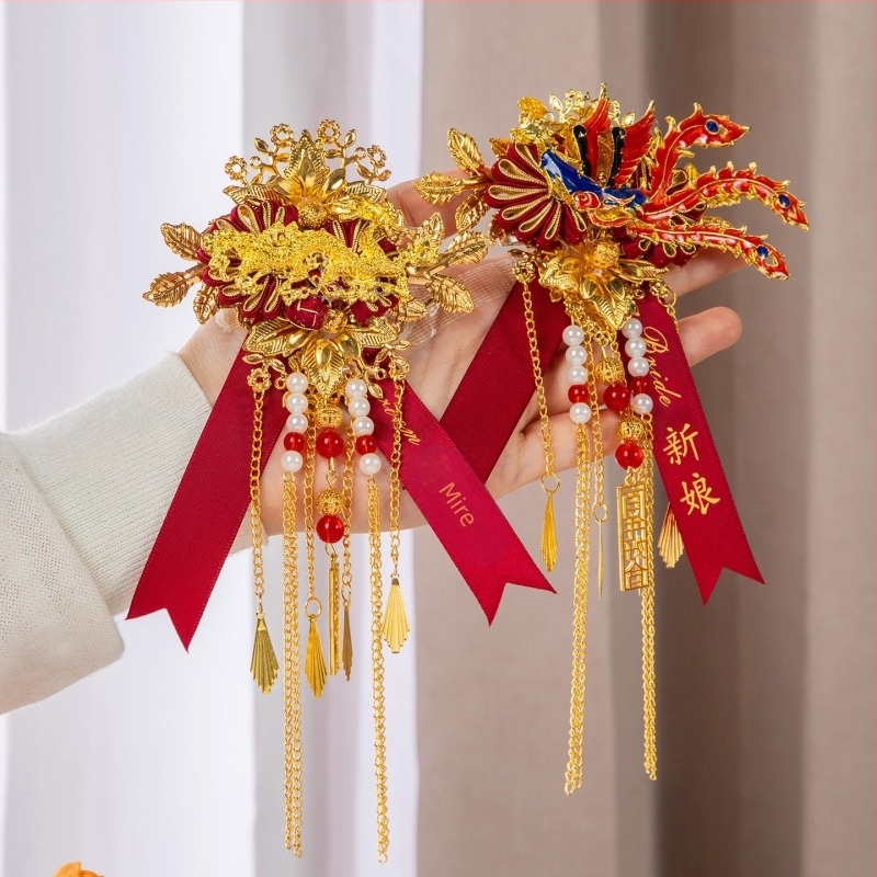 Corsaj de nuntă cu dragon și fenix, stil chinezesc, din material panglică, confecție mecanizată, destinat nunților, set complet pentru familie