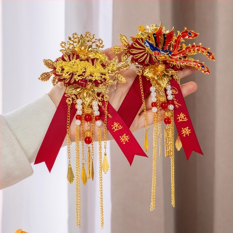 Corsaj de nuntă cu dragon și fenix, stil chinezesc, din material panglică, confecție mecanizată, destinat nunților, set complet pentru familie