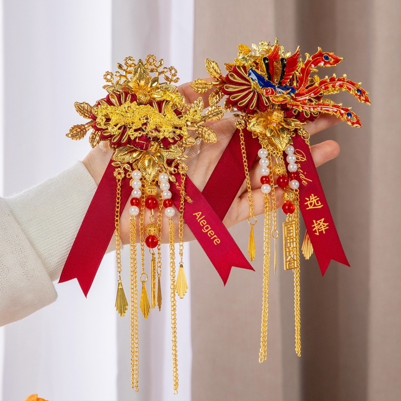 Corsaj de nuntă cu dragon și fenix, stil chinezesc, din material panglică, confecție mecanizată, destinat nunților, set complet pentru familie