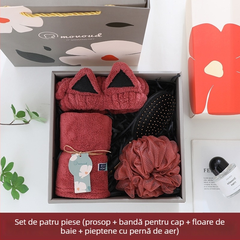 Set cadou cu bandă pentru cap cu urechi de pisică și prosop într-o cutie cadou — material: fleece coral; greutate: 280 g; brand: Mufanduo; personalizabil; ambalaj: cutie cadou