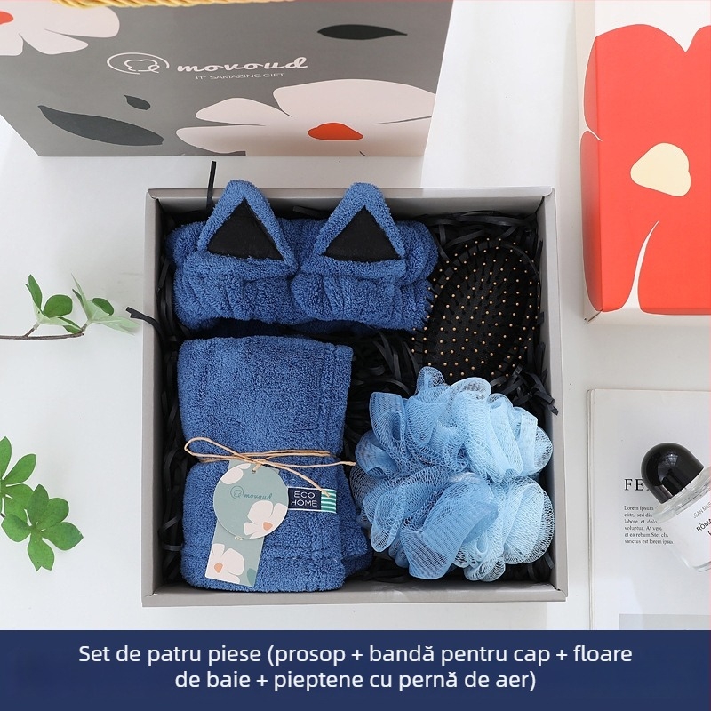 Set cadou cu bandă pentru cap cu urechi de pisică și prosop într-o cutie cadou — material: fleece coral; greutate: 280 g; brand: Mufanduo; personalizabil; ambalaj: cutie cadou