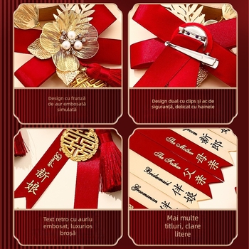 Set corsage de nuntă pentru mire, mireasă și familie - broșe cusute manual cu panglică, gata de cadou