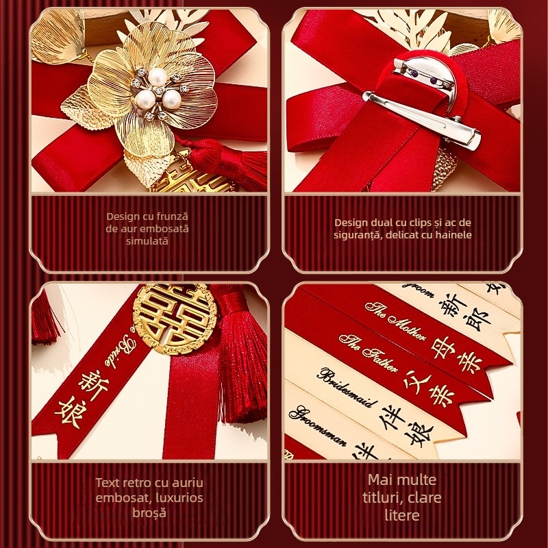 Set corsage de nuntă pentru mire, mireasă și familie - broșe cusute manual cu panglică, gata de cadou