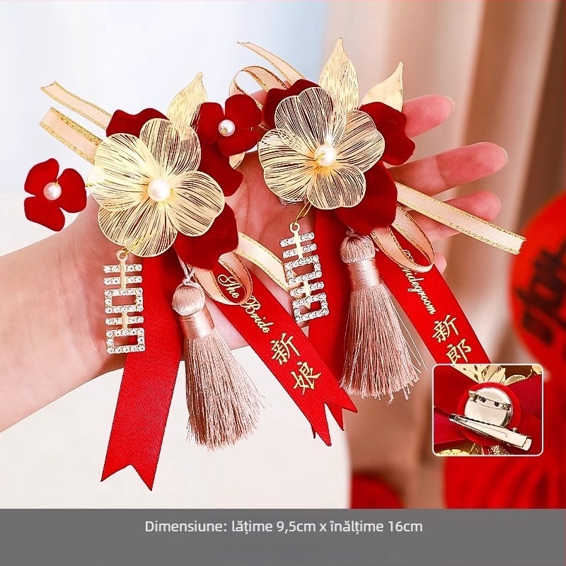 Set corsage de nuntă pentru mire, mireasă și familie - broșe cusute manual cu panglică, gata de cadou