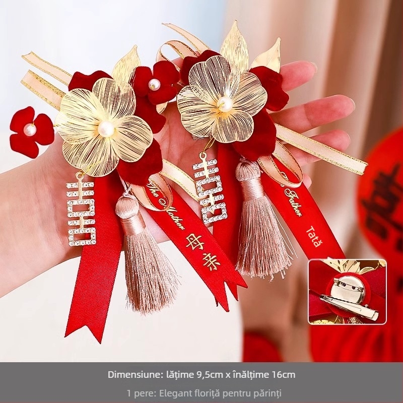 Set corsage de nuntă pentru mire, mireasă și familie - broșe cusute manual cu panglică, gata de cadou