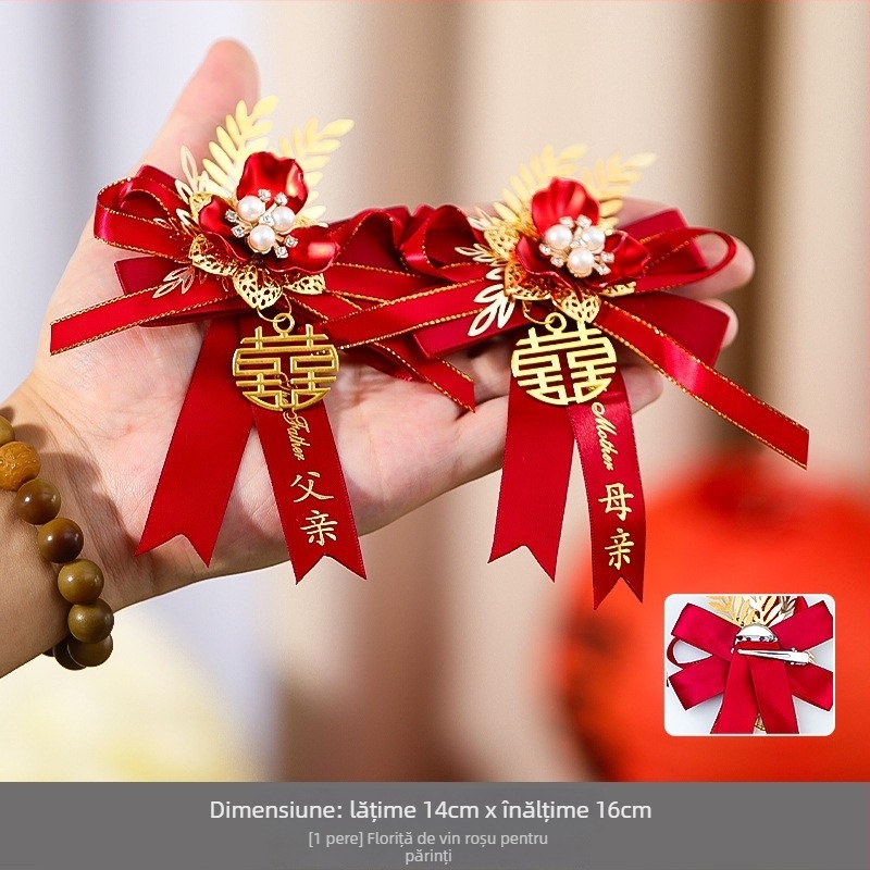 Set corsage de nuntă pentru mire, mireasă și familie - broșe cusute manual cu panglică, gata de cadou