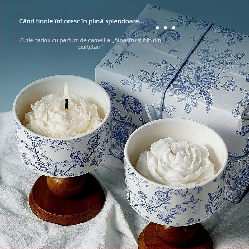 Candelă parfumată Camellia în cutie cadou — aromaterapie, ceară din soia, în formă de cupă, cu logo imprimat